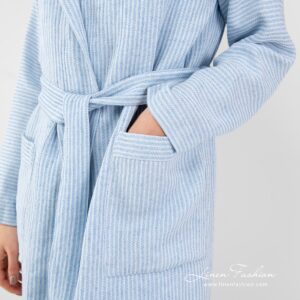 AIRA blue linen cotton bathrobe with hoodie and front pockets