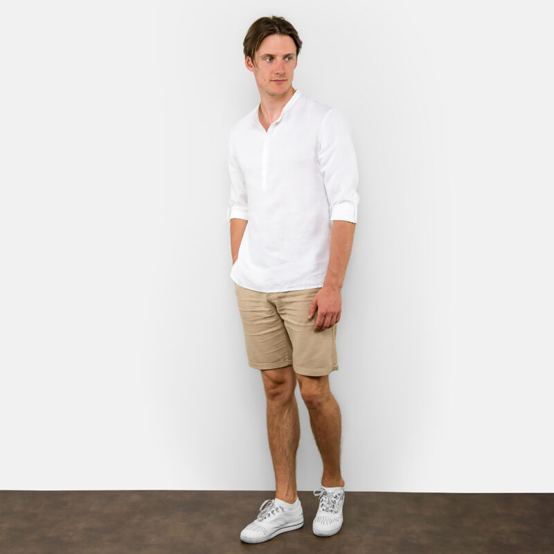 White linen men's shirt, adjustable length sleeves