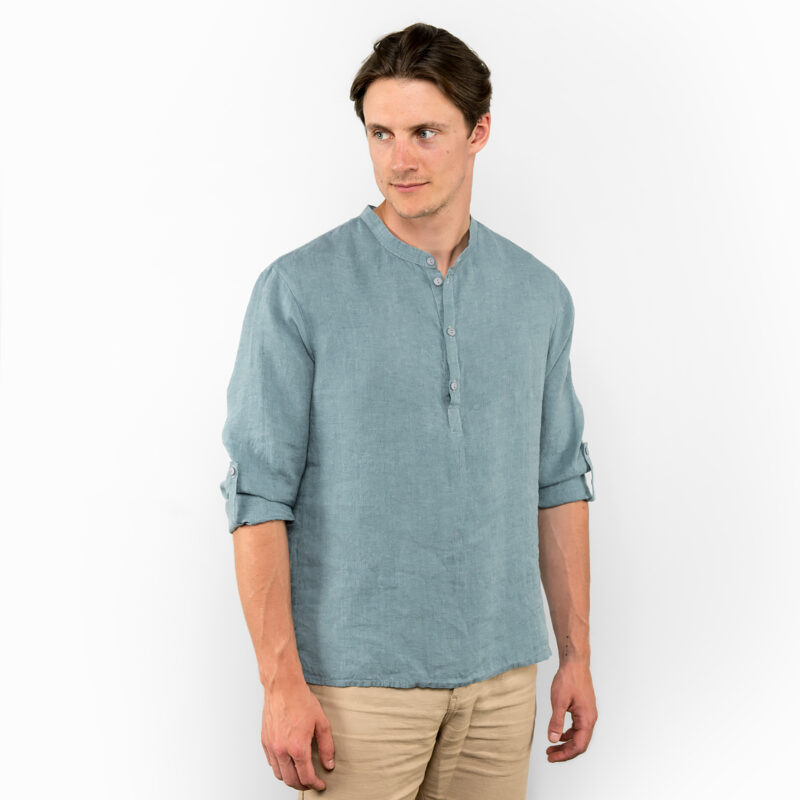 Aqua-blue linen men's shirt