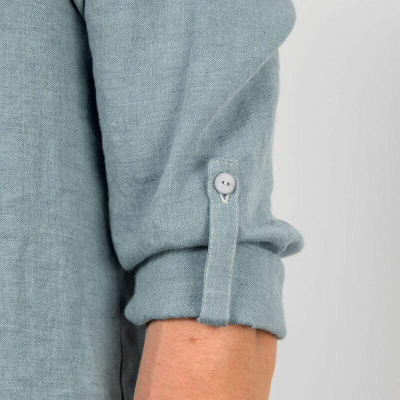 Aqua-blue linen men's shirt, sleeves with button