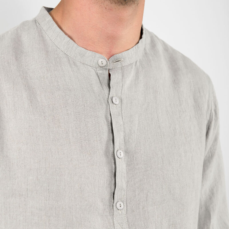 Grey men's linen shirt, banded collar