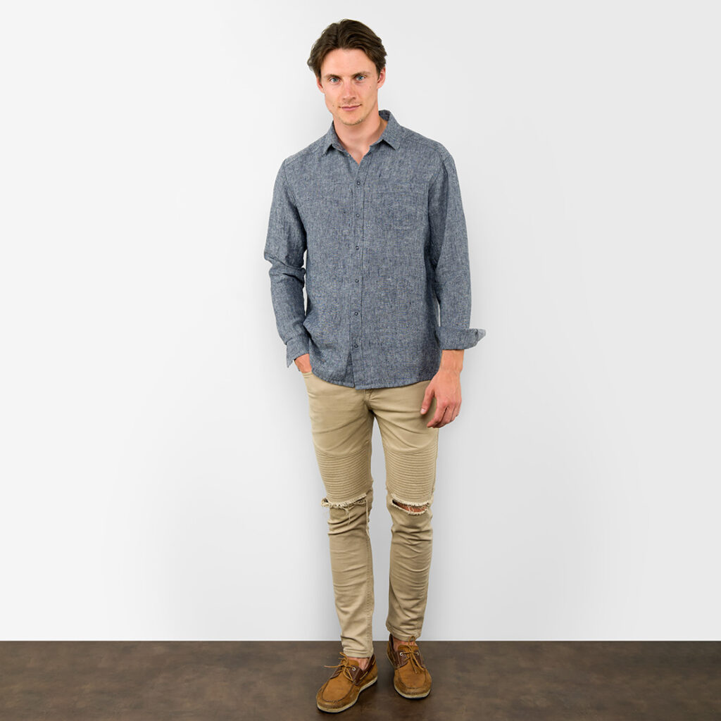 LONGO Koszula granatowa 2 Dark blue linen men's shirt, full view