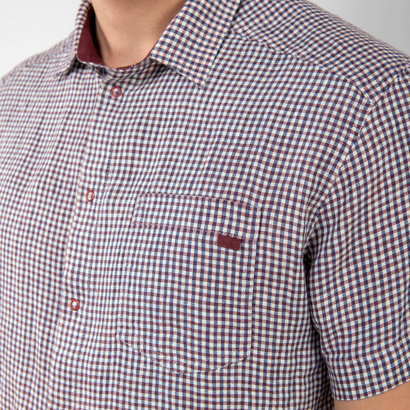 blue-violet checked linen men's shirt, snap buttons
