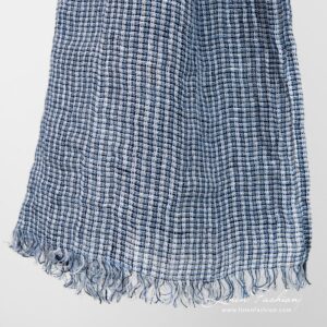 Linen blue ivory scarf fringes