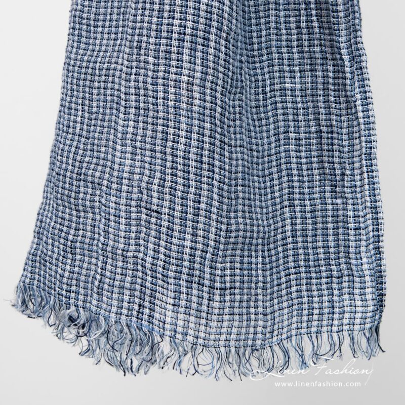 Linen blue ivory scarf fringes