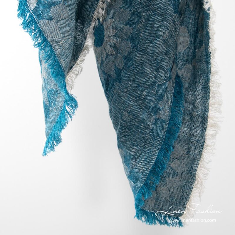 Washed linen blue scarf, floral jacquard