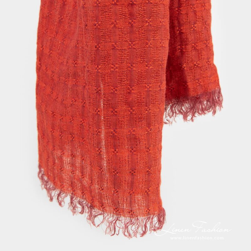 Red linen shawl in openweave checks with fringes