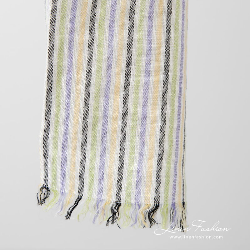 striped linen shawl, loose fringes on short sides.