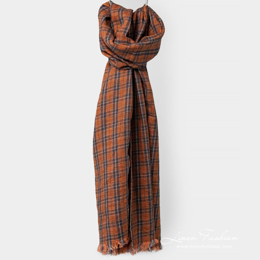 Linen wool shawl in orange checks