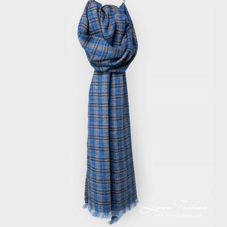 Linen wool shawl in blue checks