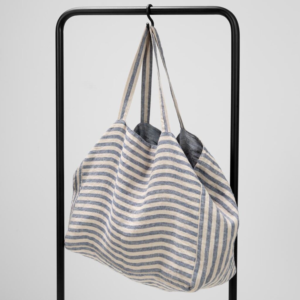 blue striped linen bag
