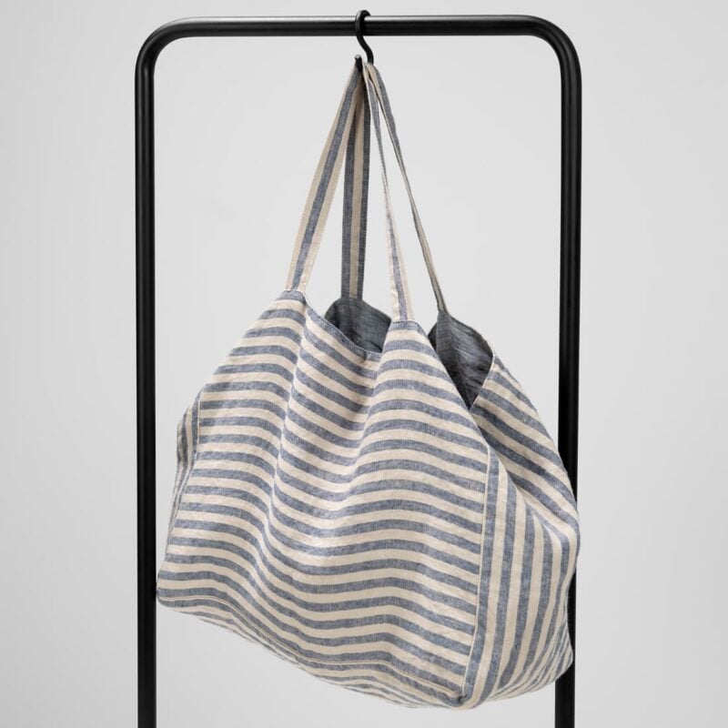 blue striped linen bag