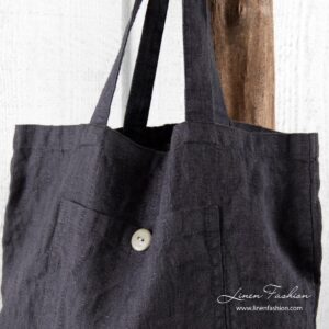 100% linen tote bag in dark grey.