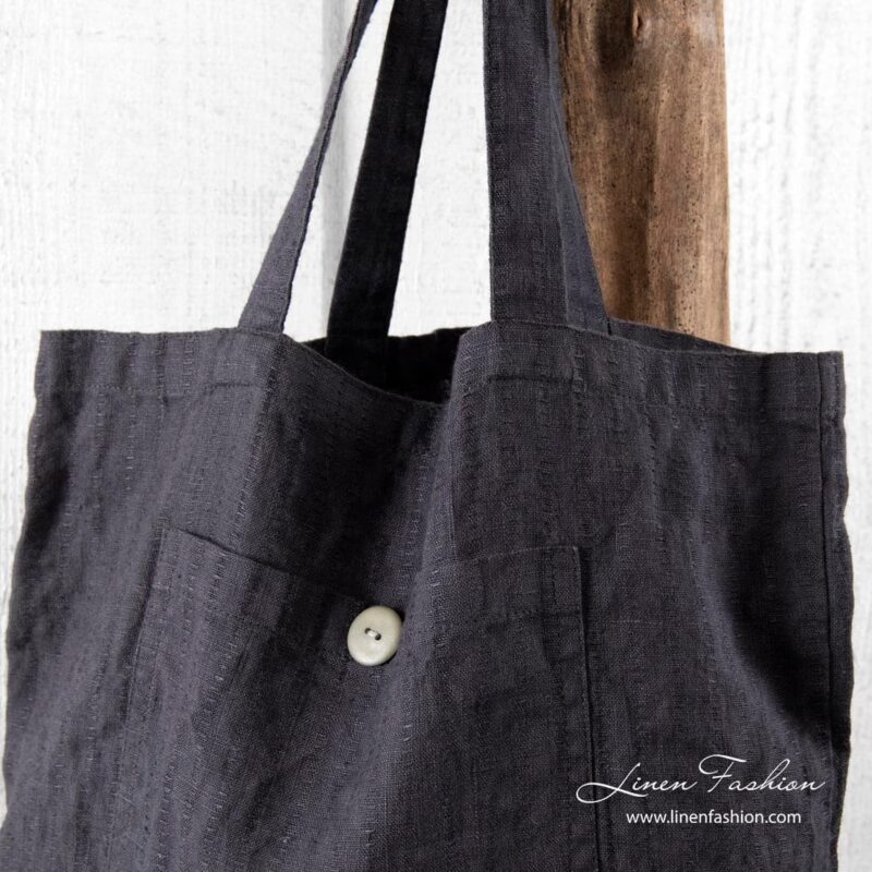 100% linen tote bag in dark grey.
