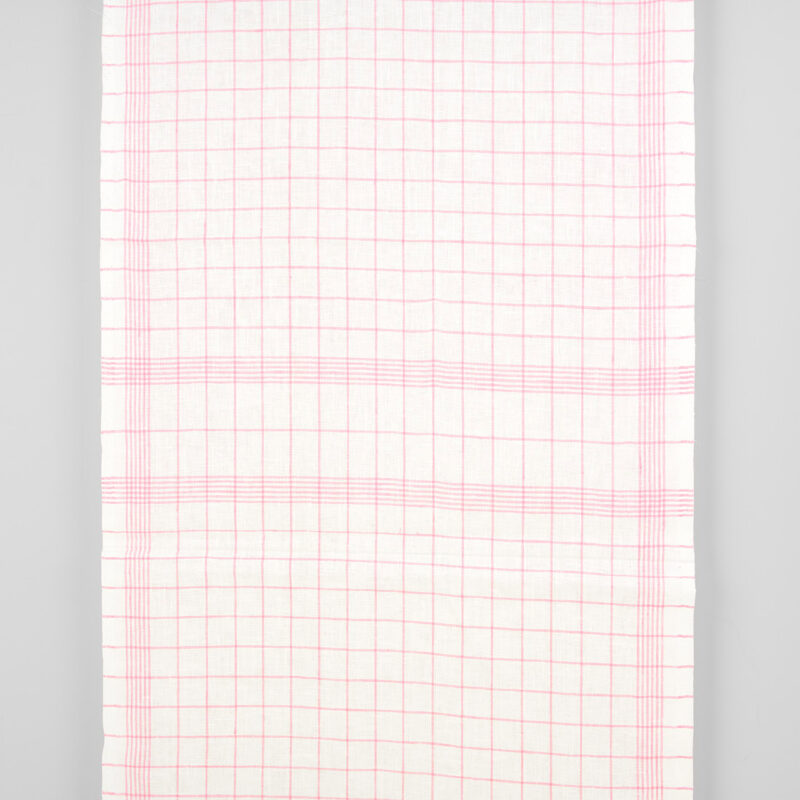 Narrow linen fabric off-white with bright pink checks