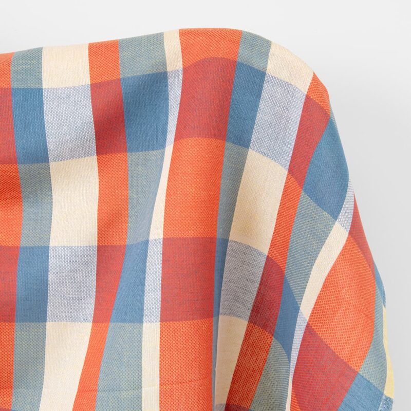 Linen cotton fabric blue red yellow checks, dobby