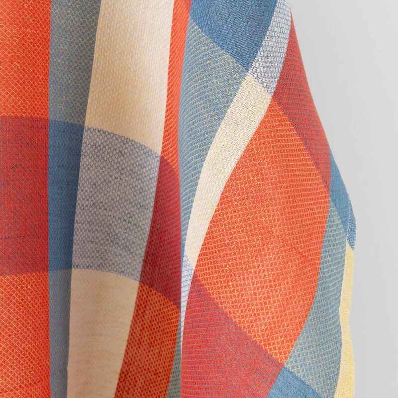 Linen cotton fabric blue red yellow checks, small diamond pattern