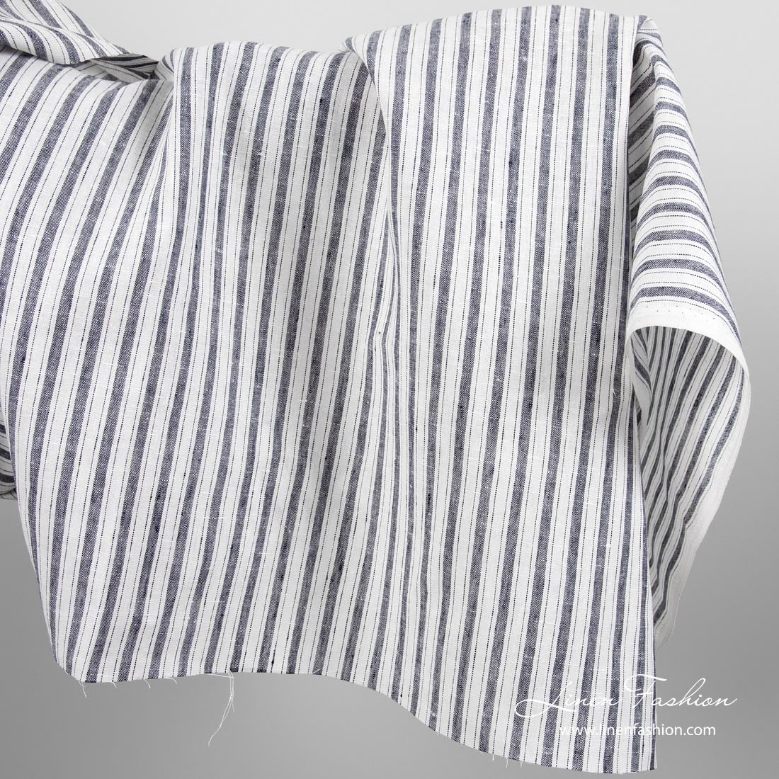 Linen fabric with dark blue stripes