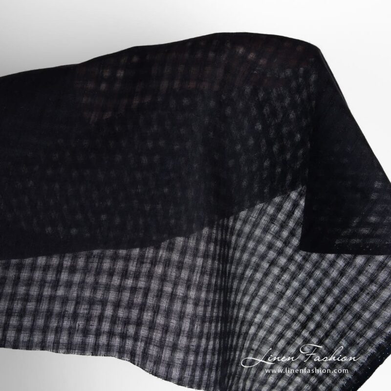 Solid black linen fabric in transparent checks