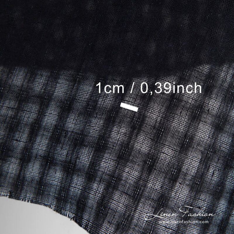Solid black linen fabric in transparent checks, with measurements
