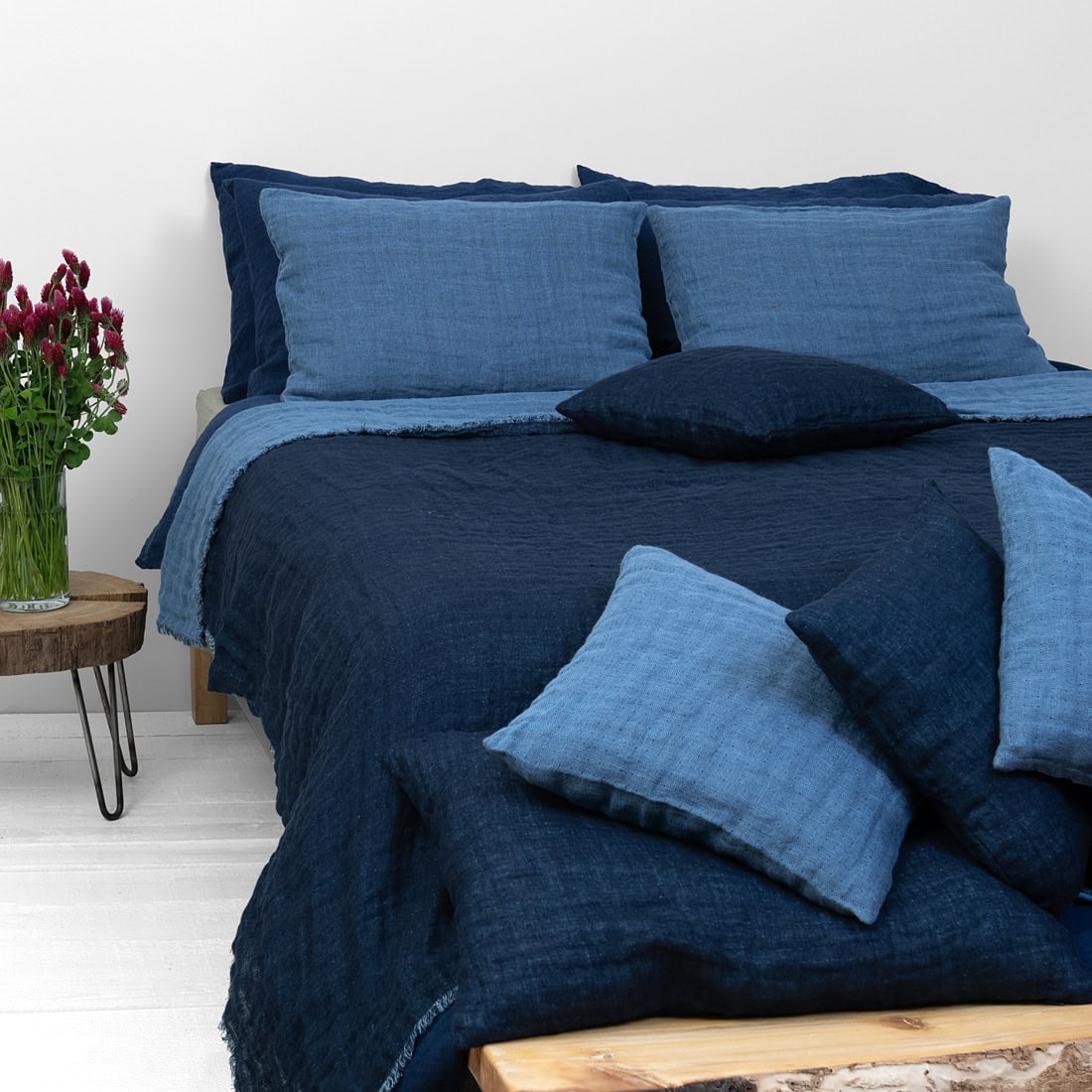 Blue linen bedspread