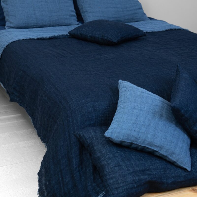 Blue linen bedspread, two colour