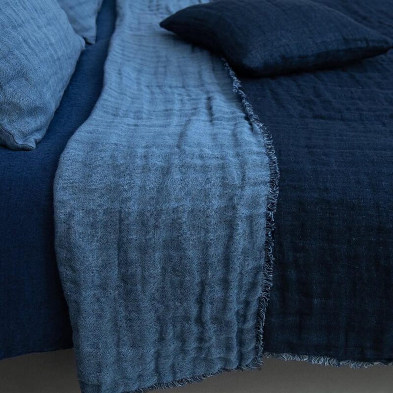 Blue linen bedspread, washed fabric