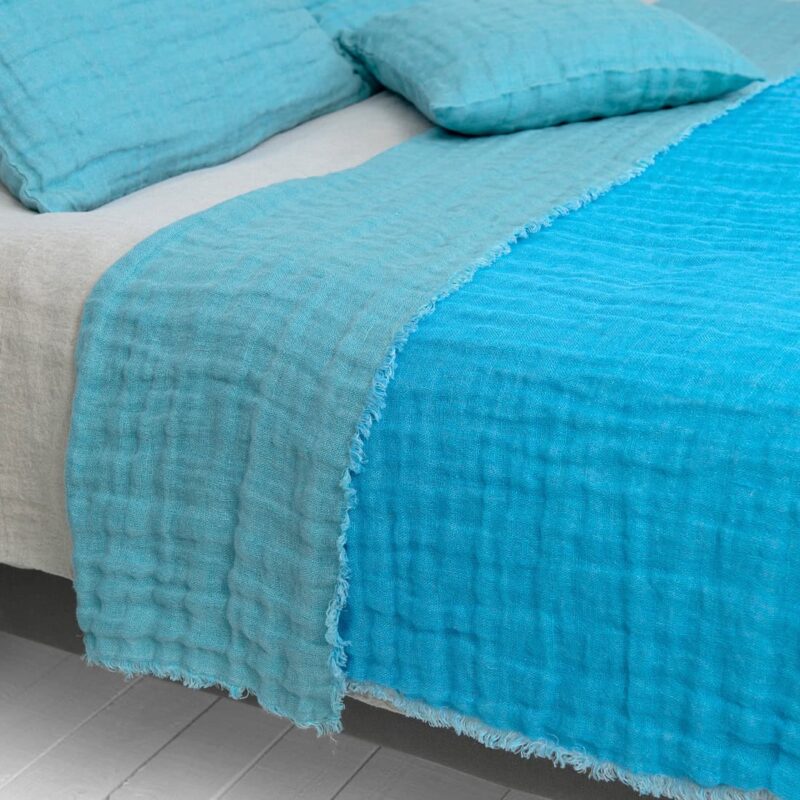 Blue green linen bedspread, two colour