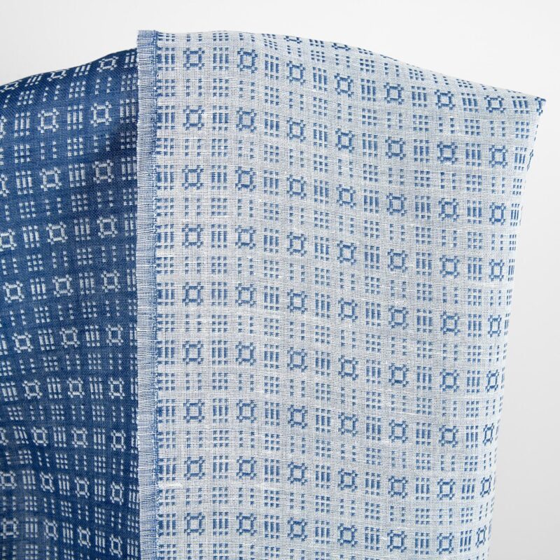 Linen cotton fabric white and dark blue geometric pattern, 150cm
