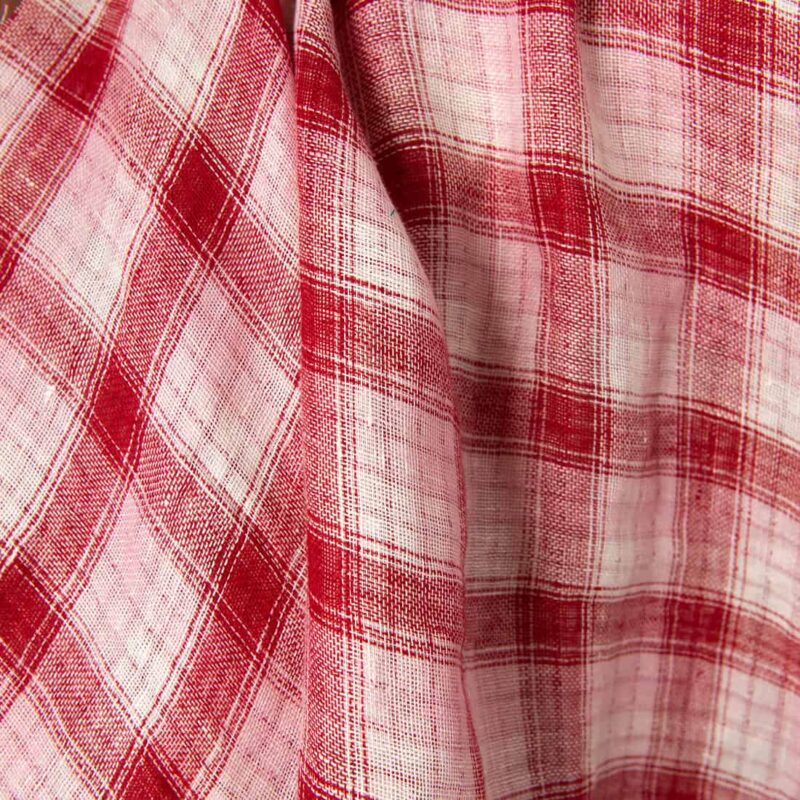 Linen fabric red, pink, cream double-sided checks, 180cm width