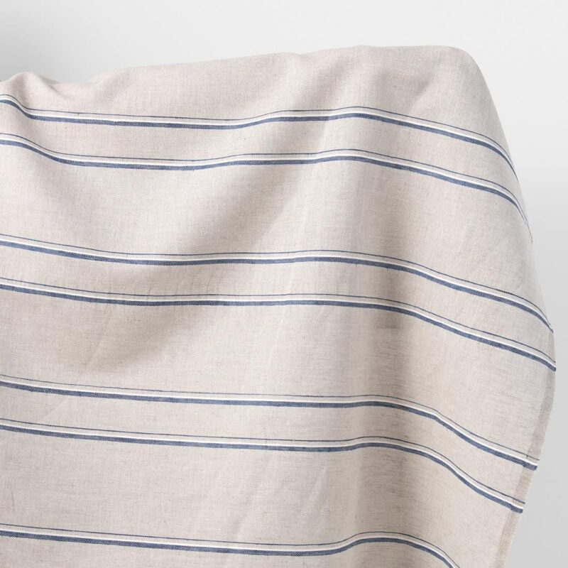 Linen cotton fabric white and natural melange with blue stripes