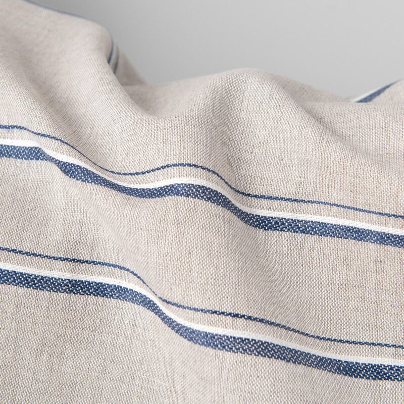 Linen cotton fabric white and natural melange with blue stripes, unwashed