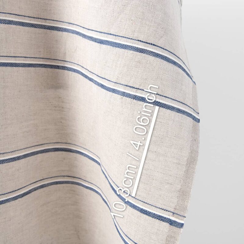 Linen cotton fabric white and natural melange with blue stripes