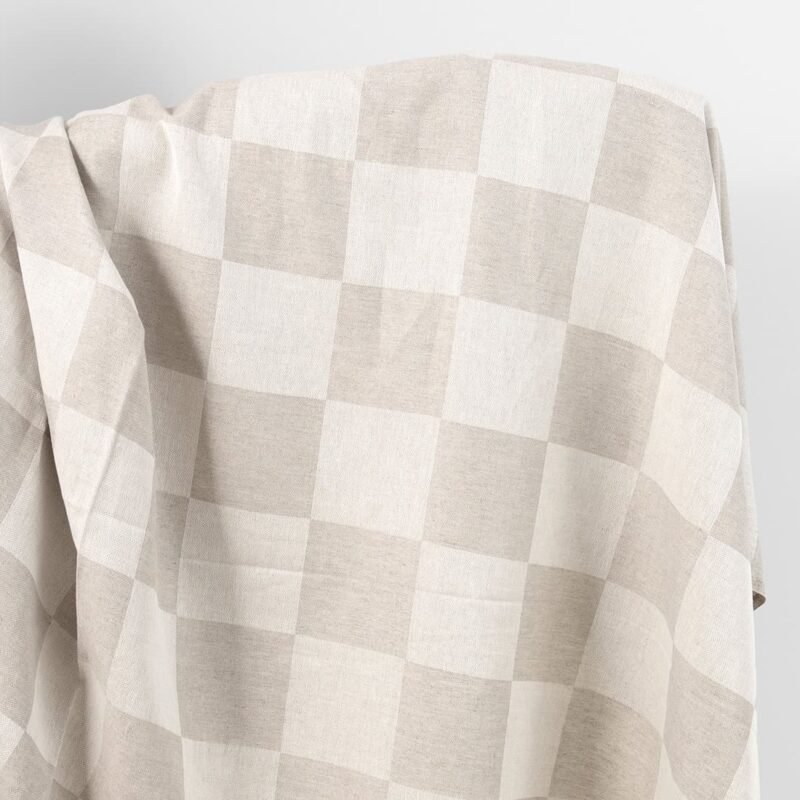 Linen cotton fabric natural and white satin checks