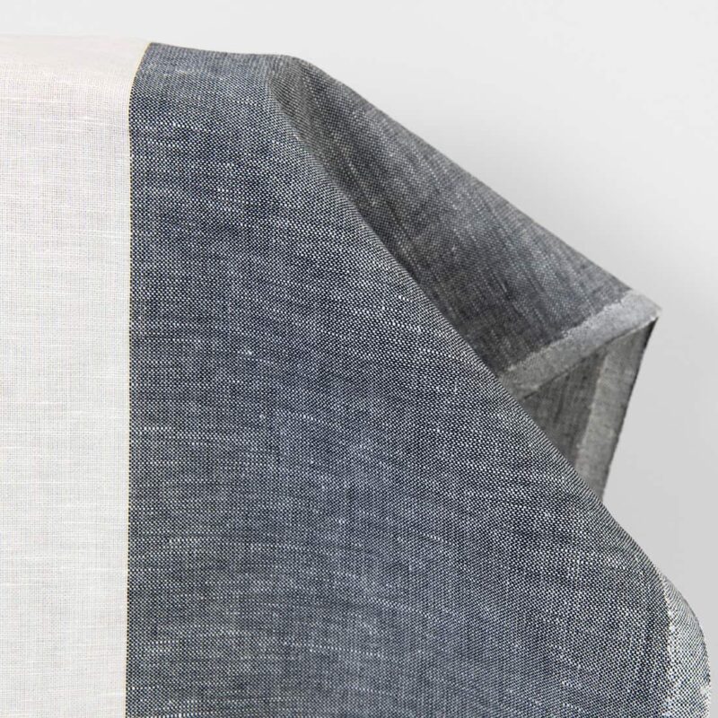 Linen cotton fabric white with black stripes, plain weave