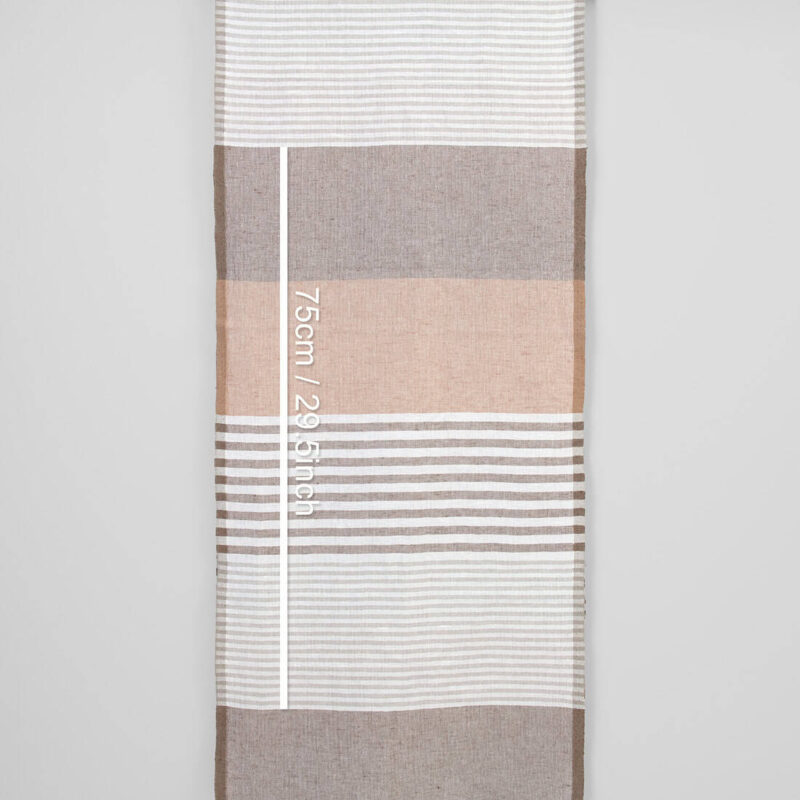 Narrow linen cotton fabric white with various brown stripes, for kitchen towels