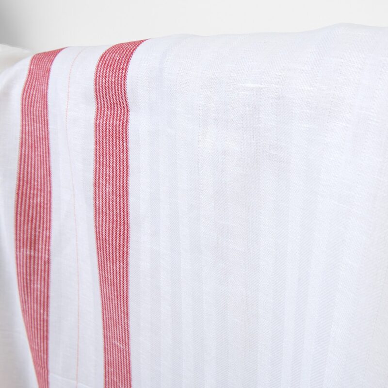 Linen cotton fabric white herringbone red stripes