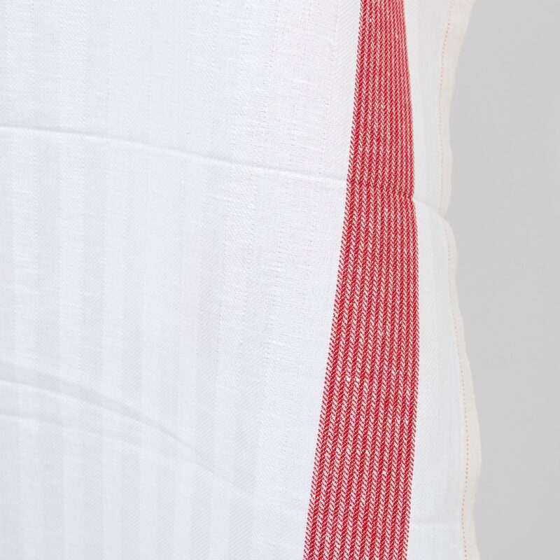 Linen cotton fabric white herringbone red stripes, 150cm width