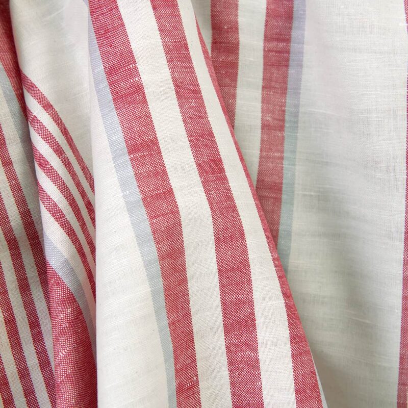 Linen cotton fabric off-white with red stripes, made in EU